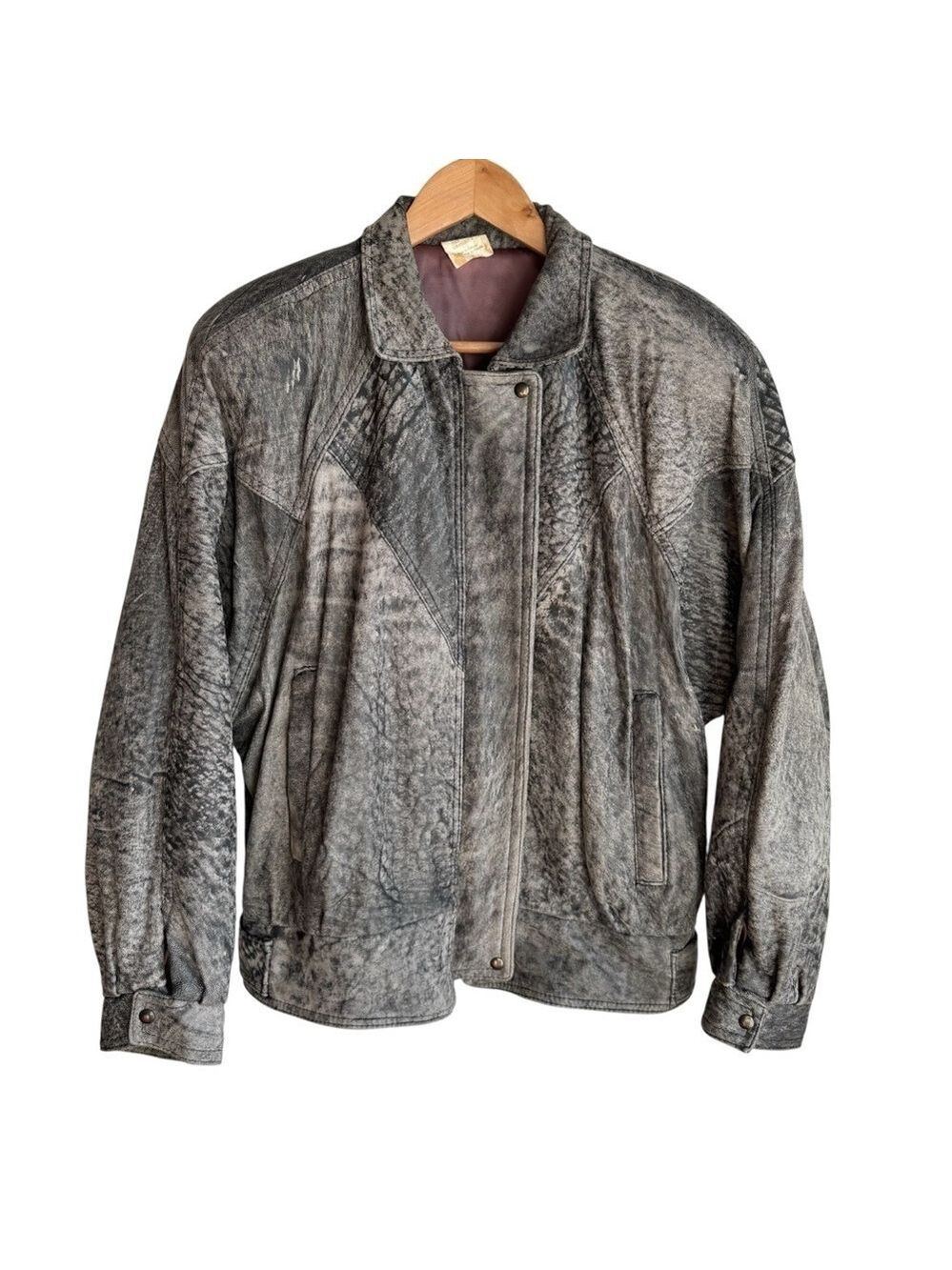 Vintage 80s 90s Printed Leather Bomber Jacket Mens L Grey Coat Retro Rare EUC